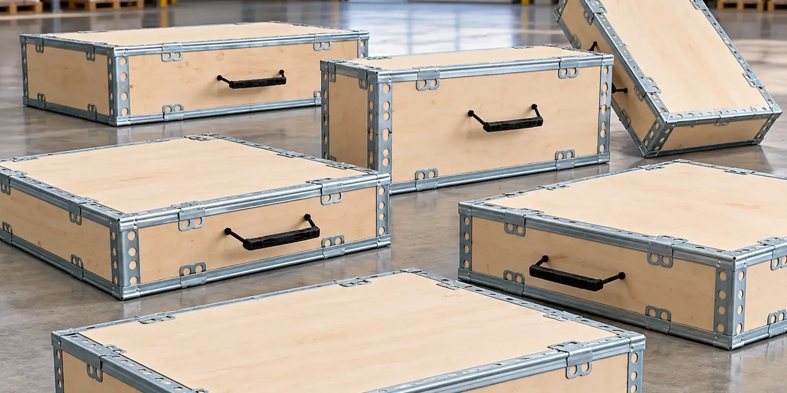 Plywood shipping crates with galvanised steel edging and carry handles, laid out on a warehouse floor with one lid open