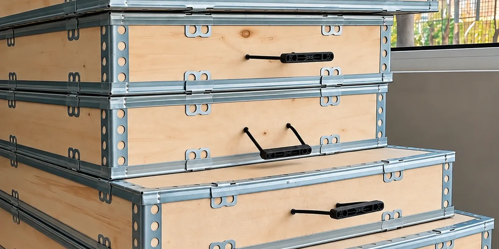 Finished crates stacked by size, showing the steel edge banding and folding handles